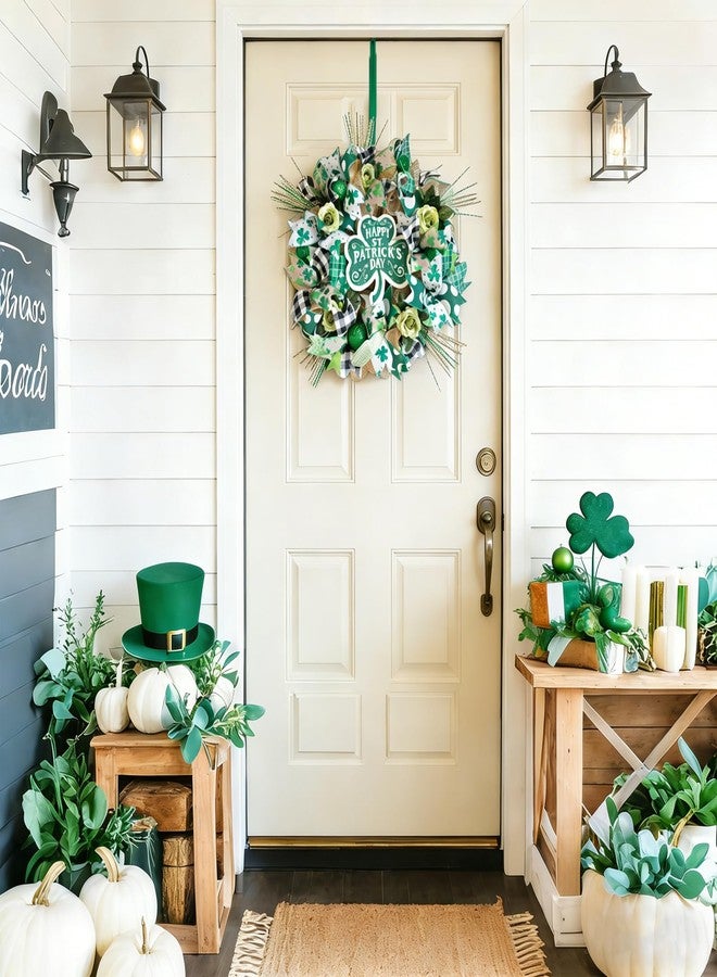 Egolot 22" St Patrick's Day Wreath for Front Door - Shamrock Mesh Wreath with Green Glitter Hats, Shiny Balls & Roses, Lucky St Patty's Day Door Decoration, Irish Clover Wreath for March Home Decor - Image 3