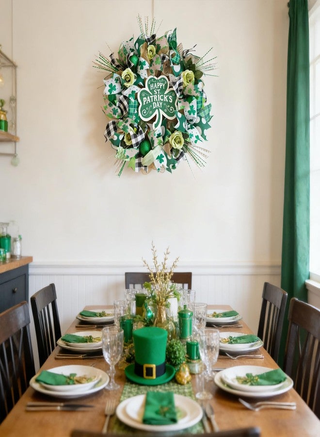 Egolot 22" St Patrick's Day Wreath for Front Door - Shamrock Mesh Wreath with Green Glitter Hats, Shiny Balls & Roses, Lucky St Patty's Day Door Decoration, Irish Clover Wreath for March Home Decor - Image 5