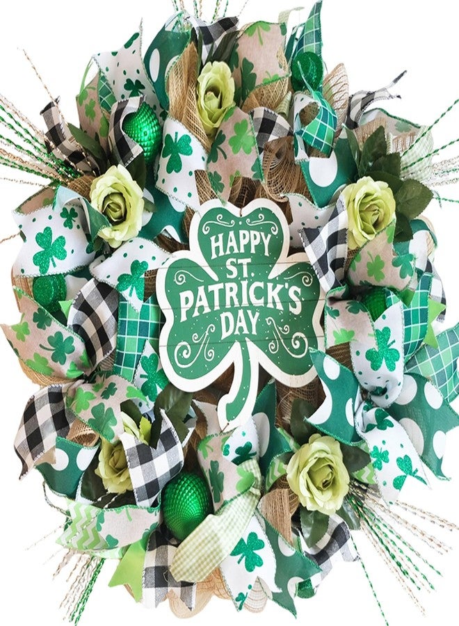 Egolot 22" St Patrick's Day Wreath for Front Door - Shamrock Mesh Wreath with Green Glitter Hats, Shiny Balls & Roses, Lucky St Patty's Day Door Decoration, Irish Clover Wreath for March Home Decor - Image 1