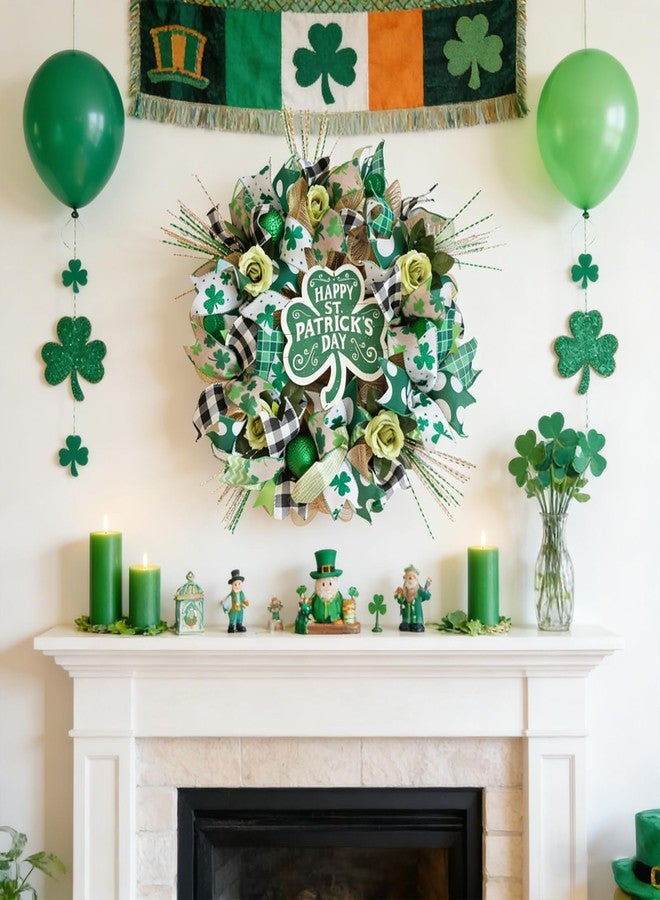 Egolot 22" St Patrick's Day Wreath for Front Door - Shamrock Mesh Wreath with Green Glitter Hats, Shiny Balls & Roses, Lucky St Patty's Day Door Decoration, Irish Clover Wreath for March Home Decor - Image 4