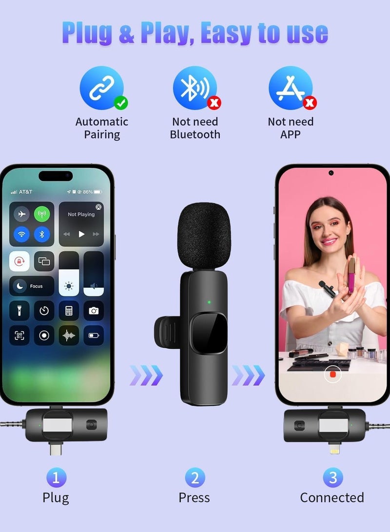 Wireless Lavailer Microphone for iPhone, Android, Camera, iPad, USB C, 4 in 1 Professional Mini Microphone with Noise Reduction, Wireless Mic for Video Recording, Vlog, YouTube, TikTok