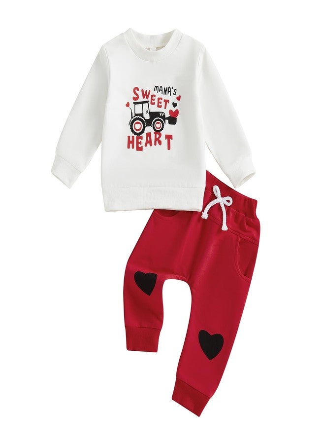 LouVasabuce Valentines Baby Boy Outfit Infant Toddler Boys Tractor Heart Sweatshirt Top Pants Valentine Day Clothes Set (Red, 6-12 Months) - Image 1