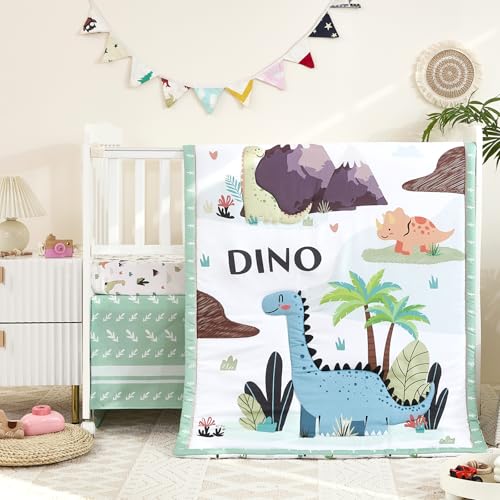NacoMoco 3-Piece Crib Bedding Set for Boys Girls - Ultra Soft & Skin Friendly Baby Bedding Set Includes Crib Comforter, Sheet & Crib Skirt (Dinosaur) - Image 1