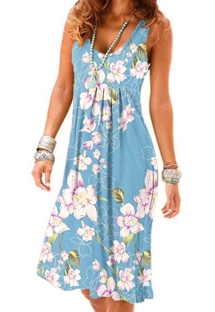 Camisunny Floral Summer Tunic Dresses for Women Flower Printed Casual Loose Sky Blue Bikini Coverups Size L - Image 1