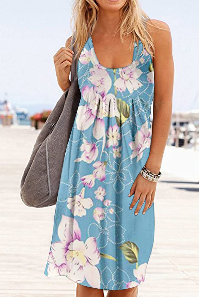 Camisunny Floral Summer Tunic Dresses for Women Flower Printed Casual Loose Sky Blue Bikini Coverups Size L - Image 3