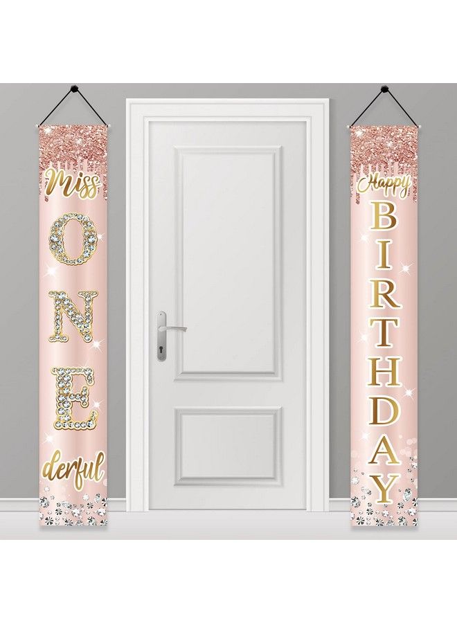 Excelloon 1St Birthday Decorations Miss Onederful Happy Birthday Door Banner For Baby Girls First Birthday Porch Sign Party Supplies Pink Rose Gold Happy One Year Old Birthday Decor For Indoor Outdoor - Image 2