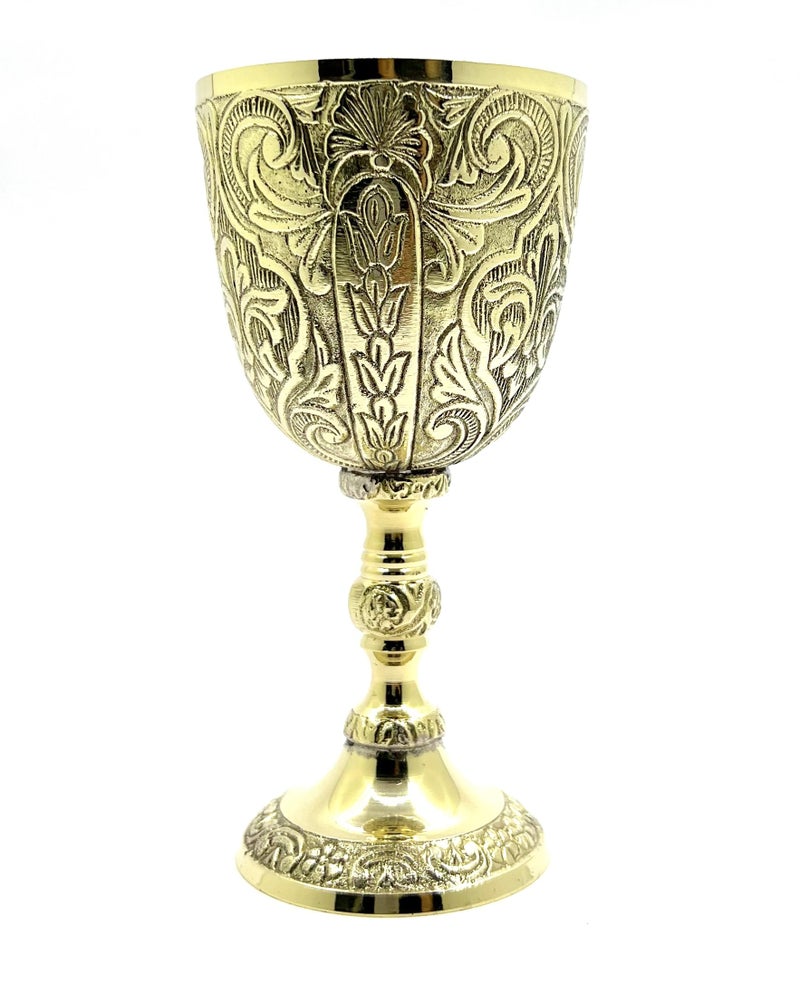 Morcomart Handmade Brass Wine Goblet â€“ 6 Inch, 8 oz Vintage Chalice for Weddings, Parties & Medieval Decor â€“ Polished Gold Finish Drinking Cup for Adults - Image 1