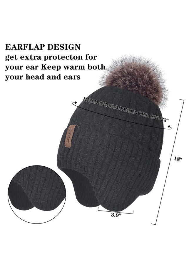 FENELY Women Winter Beanie Hat Knit Earflap Hats Warm Thick Fleece Lined Soft Skull Cap with Fashion Cute Faux Fur Pom Outdoor Indoor Black Cold Weather Snow Ski Running - Image 4