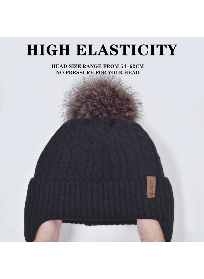 FENELY Women Winter Beanie Hat Knit Earflap Hats Warm Thick Fleece Lined Soft Skull Cap with Fashion Cute Faux Fur Pom Outdoor Indoor Black Cold Weather Snow Ski Running - Image 2