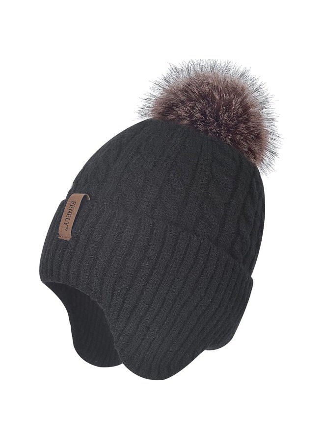FENELY Women Winter Beanie Hat Knit Earflap Hats Warm Thick Fleece Lined Soft Skull Cap with Fashion Cute Faux Fur Pom Outdoor Indoor Black Cold Weather Snow Ski Running - Image 1