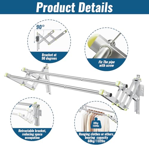 TBMLC Foldable Wall Mounted Clothes Rack-Double 44'' Long Rod&2 Bases,Stainless Steel, Heavy Duty,Multi-Purpose for Space-Saving Garment Rack/Clothes Drying Rack/Plant Hanger (44 inches length X 2 rows) - Image 4