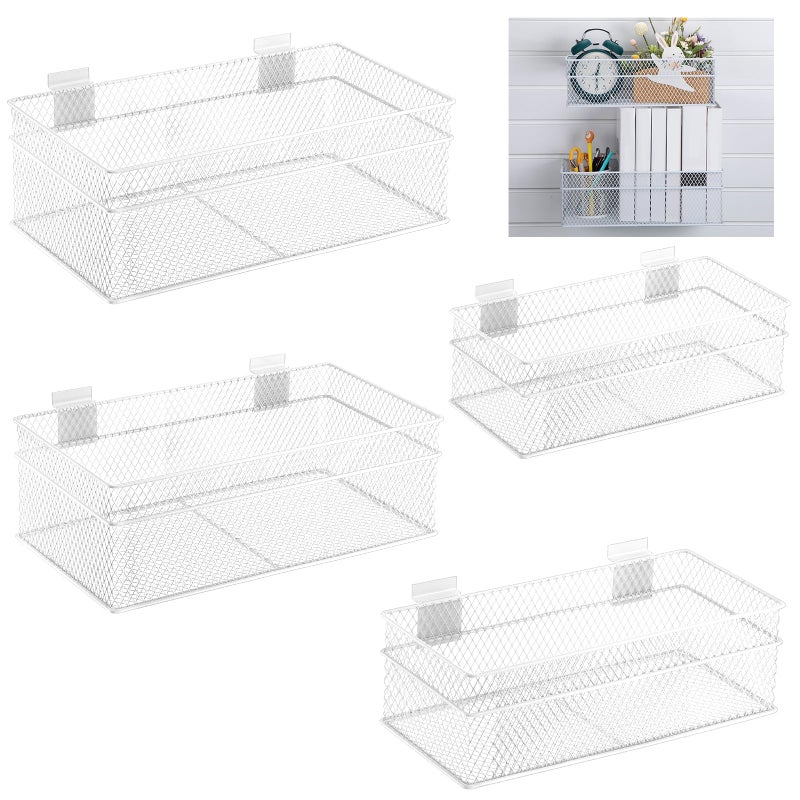 Barydat 4 Pcs Slatwall Basket Set Ventilated Metal Slatwall Basket Hanging Wire Bins Wall Mounted Accessories for Panel Garage Storage Display Organizing(Multi Size,White) - Image 1