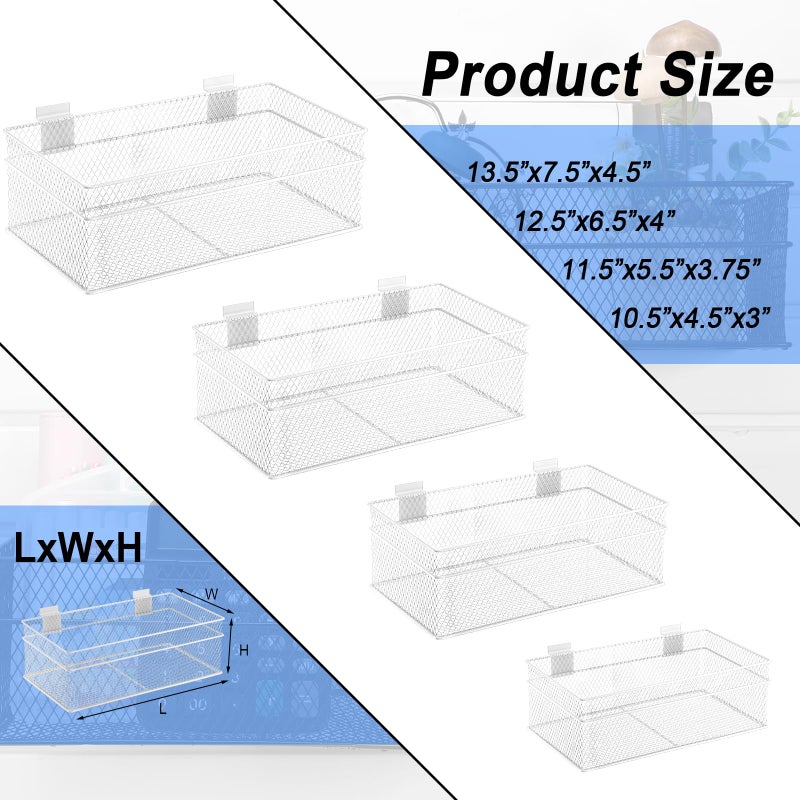 Barydat 4 Pcs Slatwall Basket Set Ventilated Metal Slatwall Basket Hanging Wire Bins Wall Mounted Accessories for Panel Garage Storage Display Organizing(Multi Size,White) - Image 3