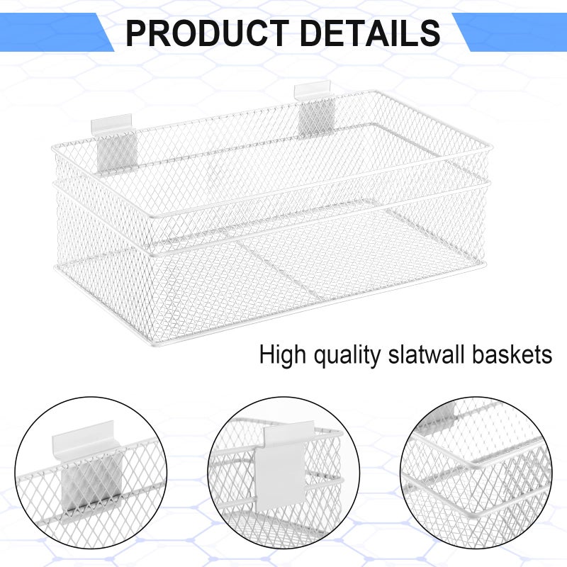 Barydat 4 Pcs Slatwall Basket Set Ventilated Metal Slatwall Basket Hanging Wire Bins Wall Mounted Accessories for Panel Garage Storage Display Organizing(Multi Size,White) - Image 4