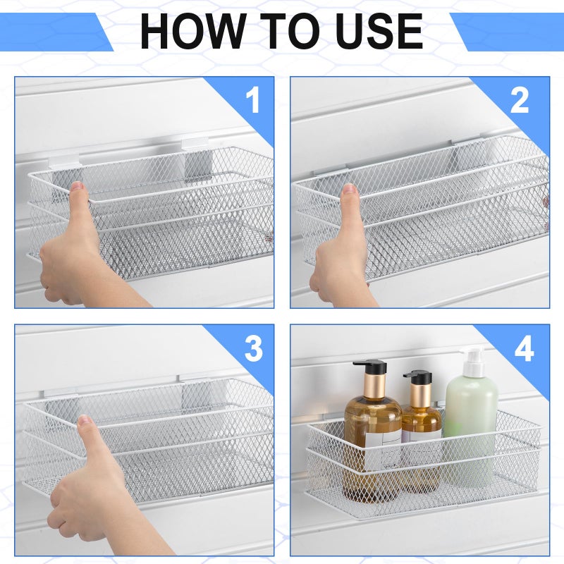 Barydat 4 Pcs Slatwall Basket Set Ventilated Metal Slatwall Basket Hanging Wire Bins Wall Mounted Accessories for Panel Garage Storage Display Organizing(Multi Size,White) - Image 5