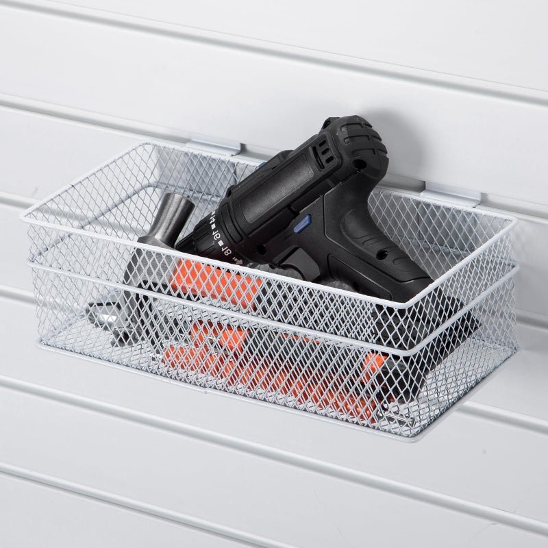 Barydat 4 Pcs Slatwall Basket Set Ventilated Metal Slatwall Basket Hanging Wire Bins Wall Mounted Accessories for Panel Garage Storage Display Organizing(Multi Size,White) - Image 2