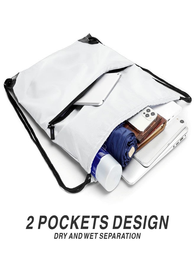BuyAgain Drawstring Backpack Sports Water Resistant String Bag Sport Gym Sackpack for Women Men Large with Zipper, White - Image 4