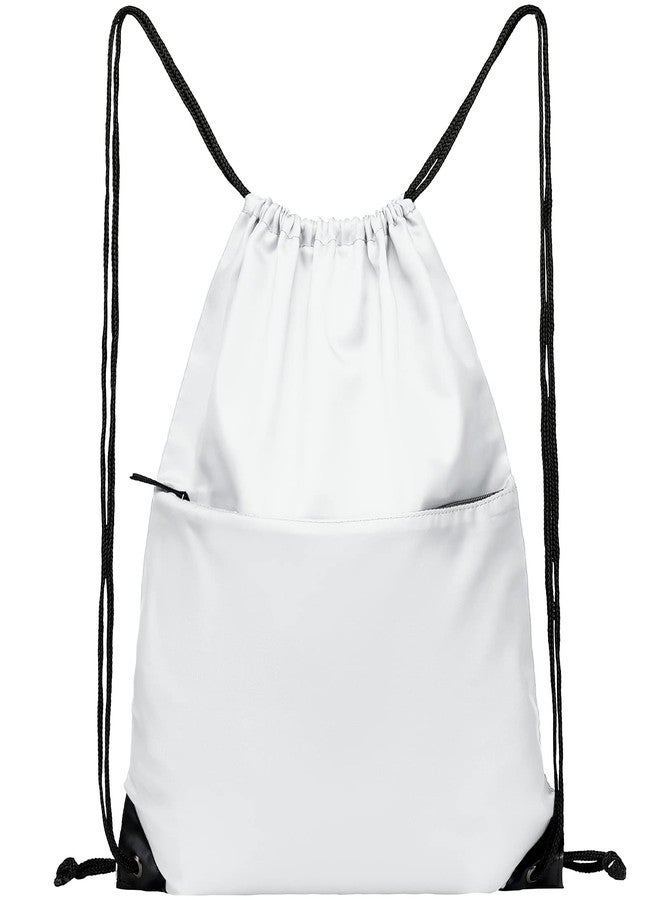BuyAgain Drawstring Backpack Sports Water Resistant String Bag Sport Gym Sackpack for Women Men Large with Zipper, White - Image 1