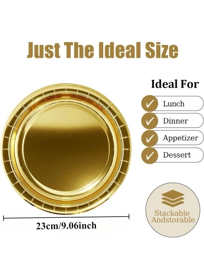 مجموعة 25 قطعة من لوحات الورق القابلة للتصرف 9 بوصة في الذهب ، لوحات التخييم الذهبية ، أدوات الطاولة لحفلة عيد الميلاد ، لوحات الحفلة الدائمة المناسبة للحفلات والعشاء والعطلات والنزهات وحفلات عيد الميلاد وطاولات الطعام وحفلات الزفاف - Image 2