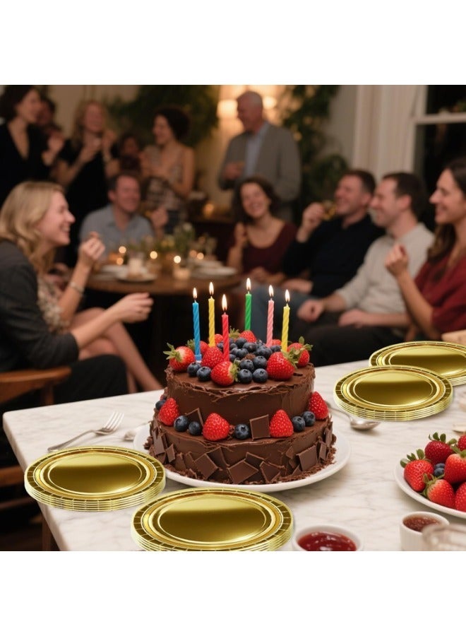 مجموعة 25 قطعة من لوحات الورق القابلة للتصرف 9 بوصة في الذهب ، لوحات التخييم الذهبية ، أدوات الطاولة لحفلة عيد الميلاد ، لوحات الحفلة الدائمة المناسبة للحفلات والعشاء والعطلات والنزهات وحفلات عيد الميلاد وطاولات الطعام وحفلات الزفاف - Image 4