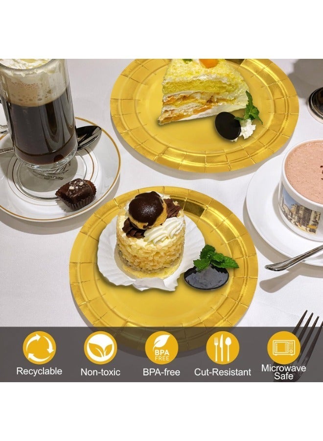 مجموعة 25 قطعة من لوحات الورق القابلة للتصرف 9 بوصة في الذهب ، لوحات التخييم الذهبية ، أدوات الطاولة لحفلة عيد الميلاد ، لوحات الحفلة الدائمة المناسبة للحفلات والعشاء والعطلات والنزهات وحفلات عيد الميلاد وطاولات الطعام وحفلات الزفاف - Image 3