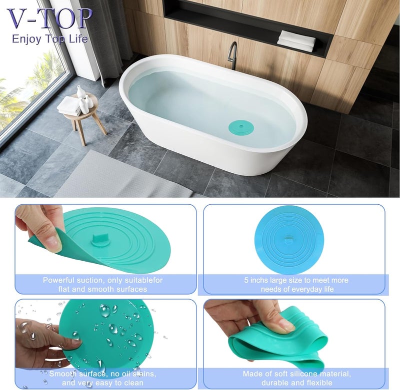 V-TOP Bathtub Drain Stopper 2 Pack, 5 inches Silicone Tub Stopper Drain Cover, Bath Tub Plug Hair Stopper,Universal Flat Suction Hair Water Shower Stopper Bath Accessories (Blue&Green) - Image 4