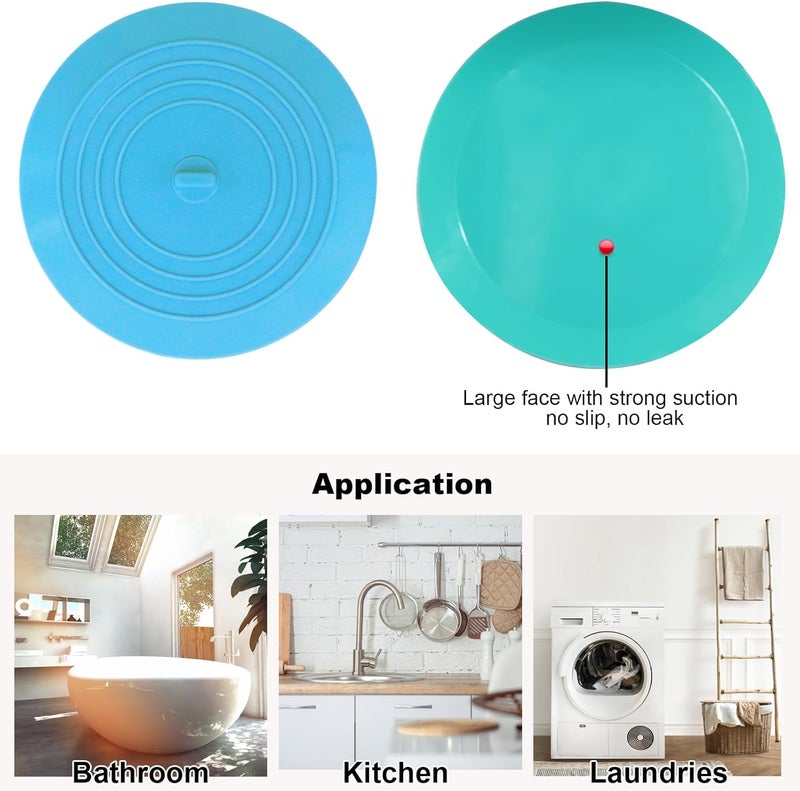 V-TOP Bathtub Drain Stopper 2 Pack, 5 inches Silicone Tub Stopper Drain Cover, Bath Tub Plug Hair Stopper,Universal Flat Suction Hair Water Shower Stopper Bath Accessories (Blue&Green) - Image 2