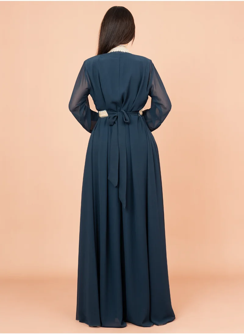 IKKXA Belted Elegant 2-Piece Kaftan IK8729 Blue