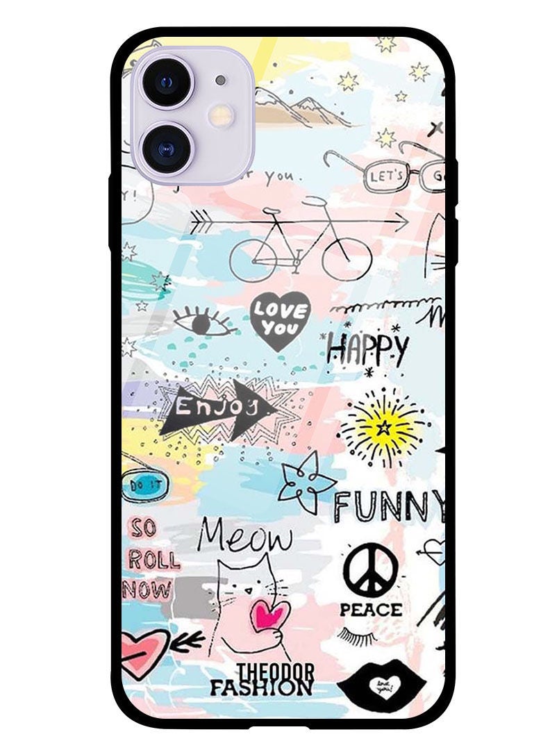 Theodor Protective Tempered Glass Case Cover IPHONE 12 6.1  Doodle Art - Image 1