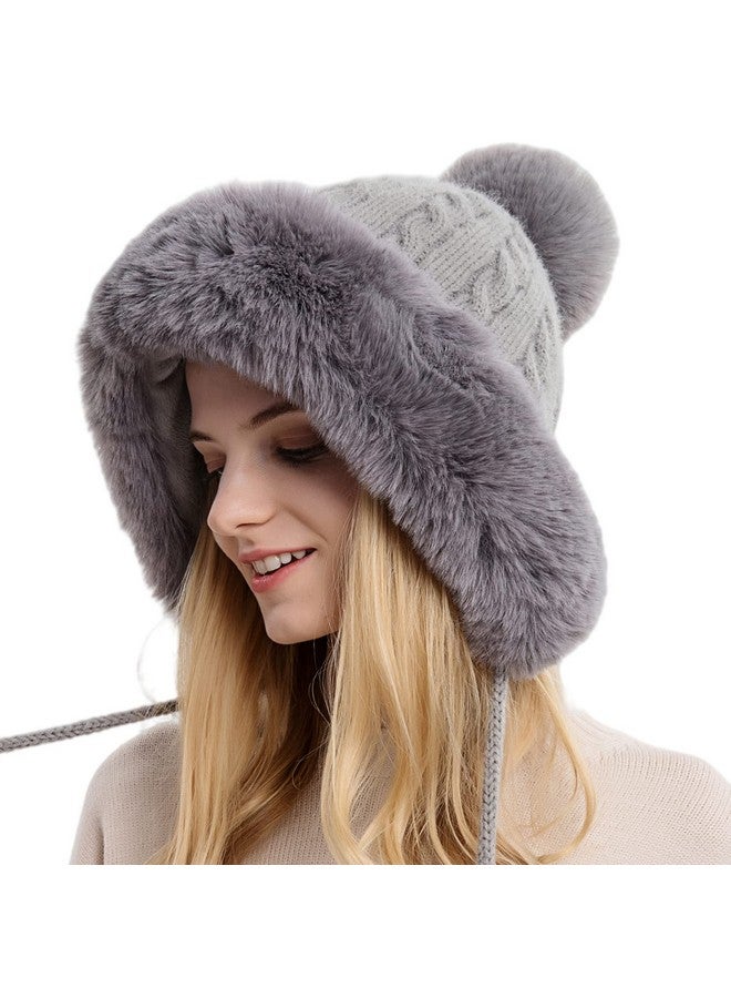 Huamulan Women Winter Beanie Hat Earflap Peruvian Warm Slouchy Fleece Lined 3 Pom Poms Knit Cap Cute Sherpa Fluffy Ski Hats - Image 1