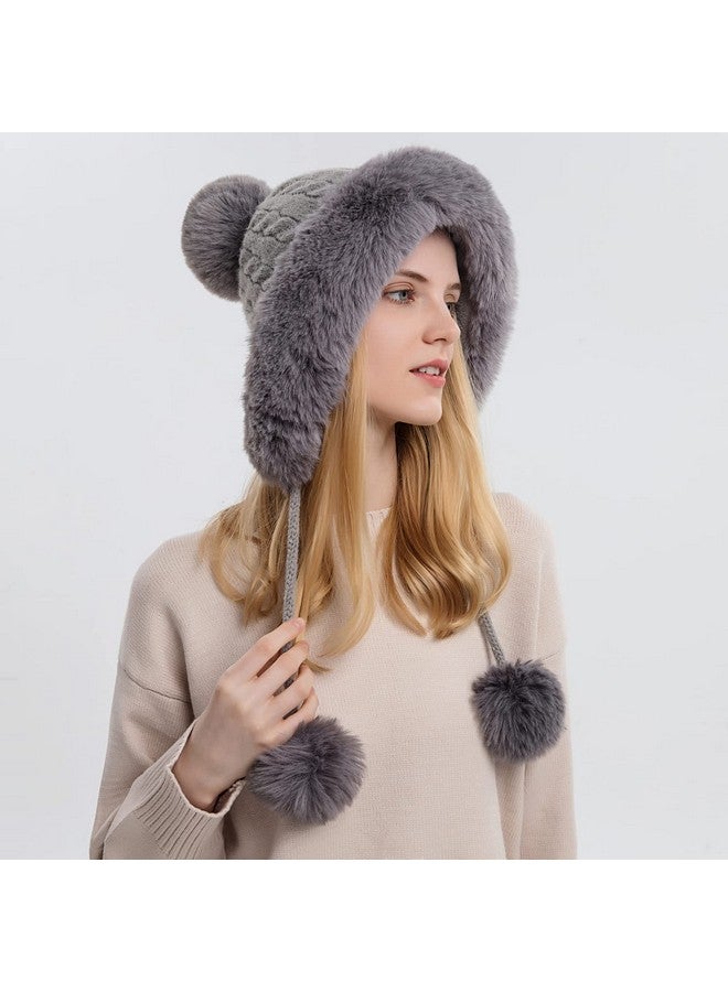 Huamulan Women Winter Beanie Hat Earflap Peruvian Warm Slouchy Fleece Lined 3 Pom Poms Knit Cap Cute Sherpa Fluffy Ski Hats - Image 2