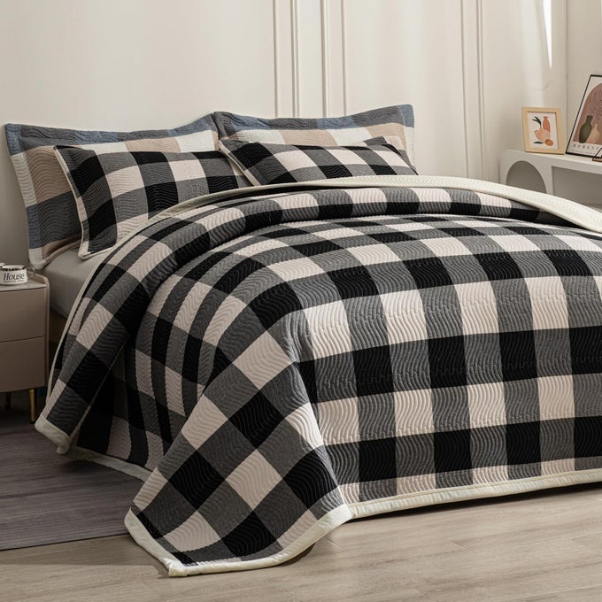 COTTON PLAID QUILT SET ULTRA SOFT 3 PIECES QUEEN SIZE BEDDING WITH 2 PILLOW SHAMS LIGHTWEIGHT REVERSIBLE COVERLET BEDSPREAD WITH WAVE QUILTING FOR SUMMER 90X96 GRIDBLACK WHITE