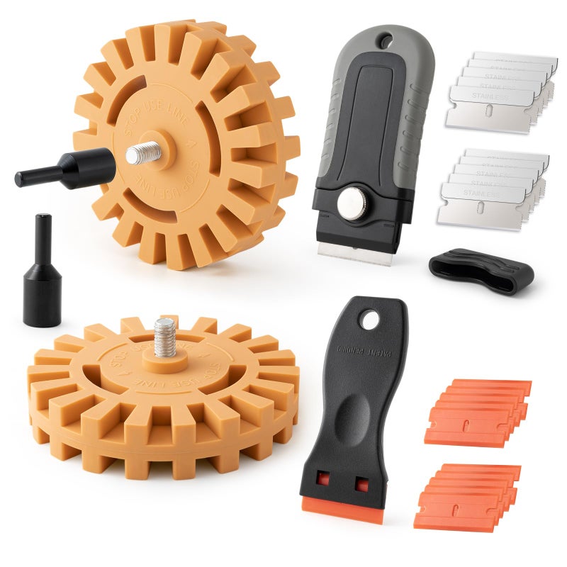 مجموعة أدوات إزالة الملصقات من غوميك مع محول مثقاب، أداة إزالة لاصق الملصقات مع مكشطة شفرة حلاقة لإزالة الخطوط الملونة والملصقات، عبوة مختلطة 2 حزمة