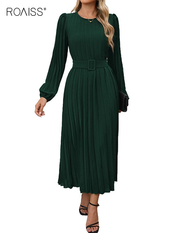 roaiss Women's solid color elegant long sleeve dress,Pleated round neck high waist long dress for women,Slim fit green dress with belt - Image 4