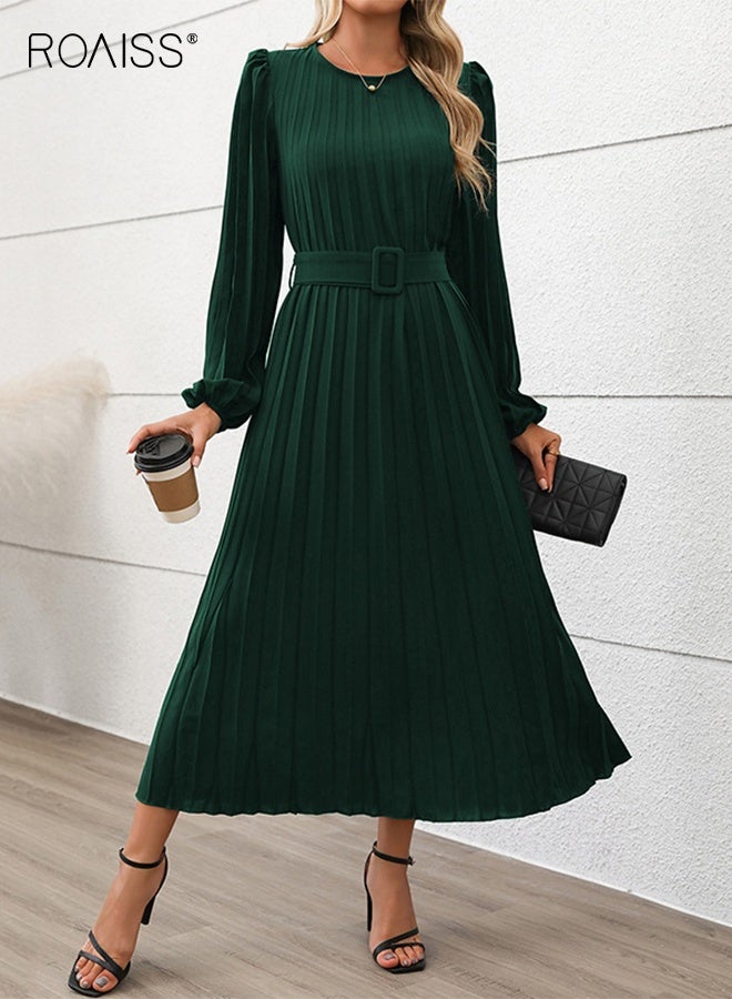 roaiss Women's solid color elegant long sleeve dress,Pleated round neck high waist long dress for women,Slim fit green dress with belt - Image 2