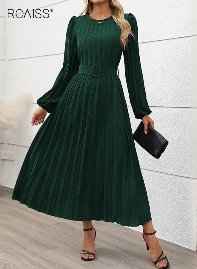 roaiss Women's solid color elegant long sleeve dress,Pleated round neck high waist long dress for women,Slim fit green dress with belt - Image 1