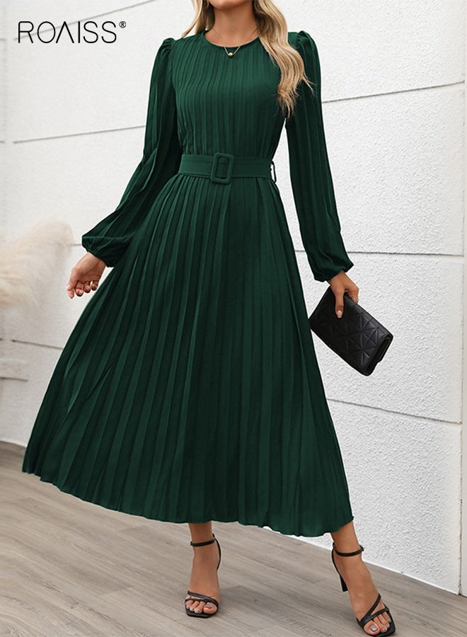 roaiss Women's solid color elegant long sleeve dress,Pleated round neck high waist long dress for women,Slim fit green dress with belt - Image 5