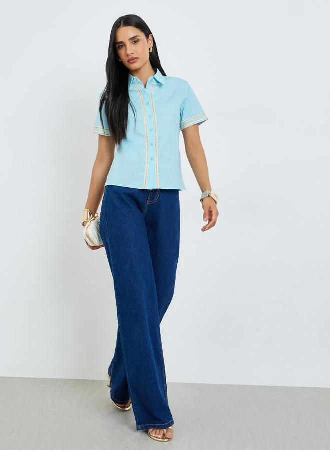 Styli Blue Contrast Trim Buttoned Shirt