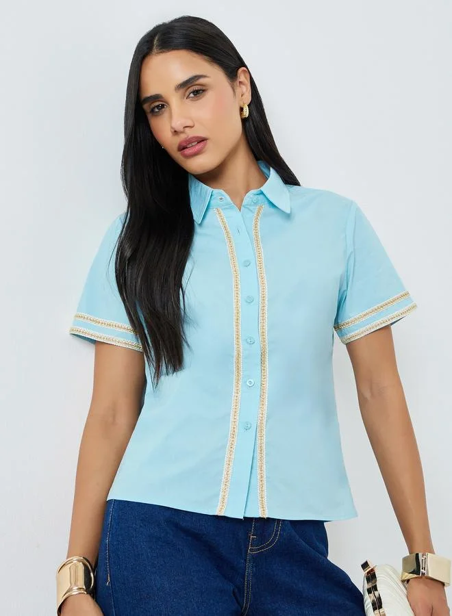 Styli Blue Contrast Trim Buttoned Shirt