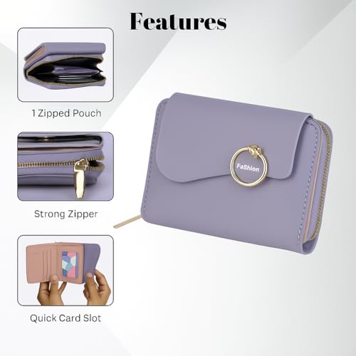 PRANIJ Small Leather Bifold Wallet for Women Fashion Compact Slim Credit Card Holder with Zipper Coin Pocket, Mini Clutch Purse for Girls (Pale Purple) - Image 3