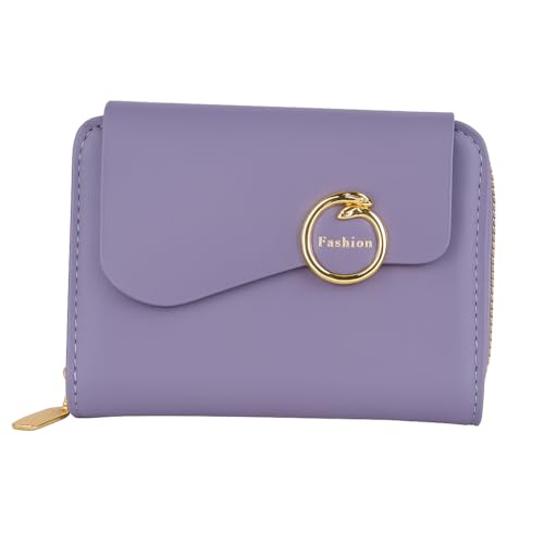 PRANIJ Small Leather Bifold Wallet for Women Fashion Compact Slim Credit Card Holder with Zipper Coin Pocket, Mini Clutch Purse for Girls (Pale Purple) - Image 1
