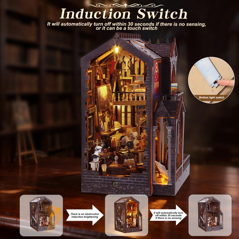 Vruelia Booknooks kit for Adults - Art Studio Book Nook Kit | Miniature Artist Atelier 3D Puzzle | Vintage Oil Painting Bookshelf Decor with LED | Unique Creative Gifts for Art Lovers (Gray) - Image 2