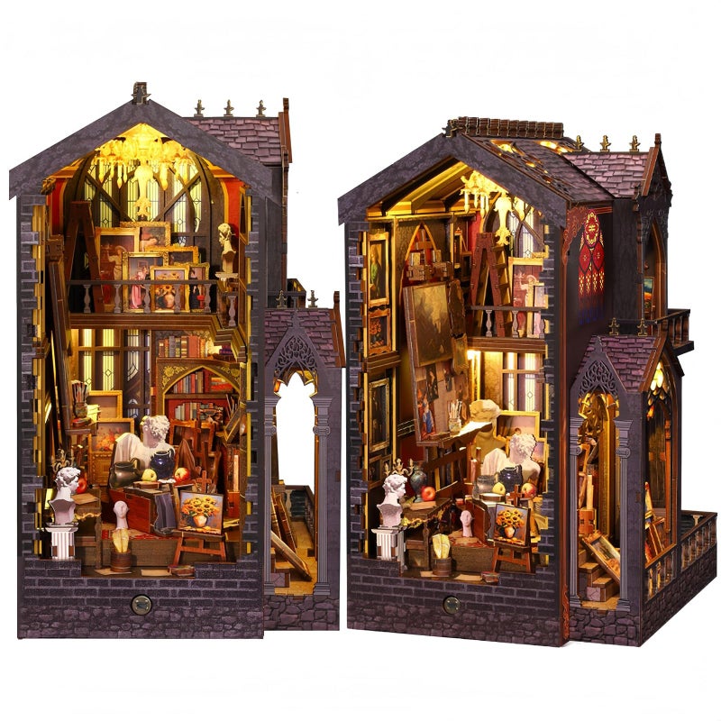 Vruelia Booknooks kit for Adults - Art Studio Book Nook Kit | Miniature Artist Atelier 3D Puzzle | Vintage Oil Painting Bookshelf Decor with LED | Unique Creative Gifts for Art Lovers (Gray) - Image 1
