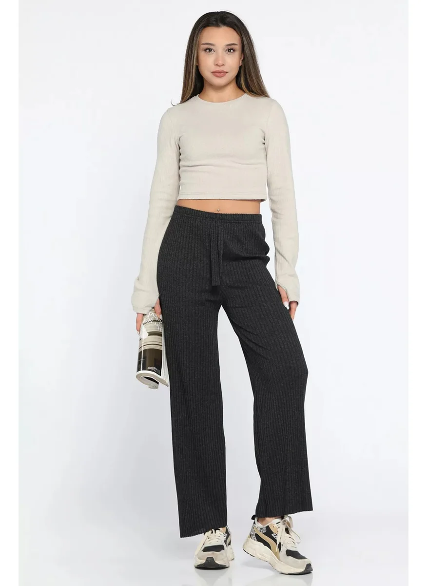 Gülseli Rose-colored Ribbed Wide Leg Trousers