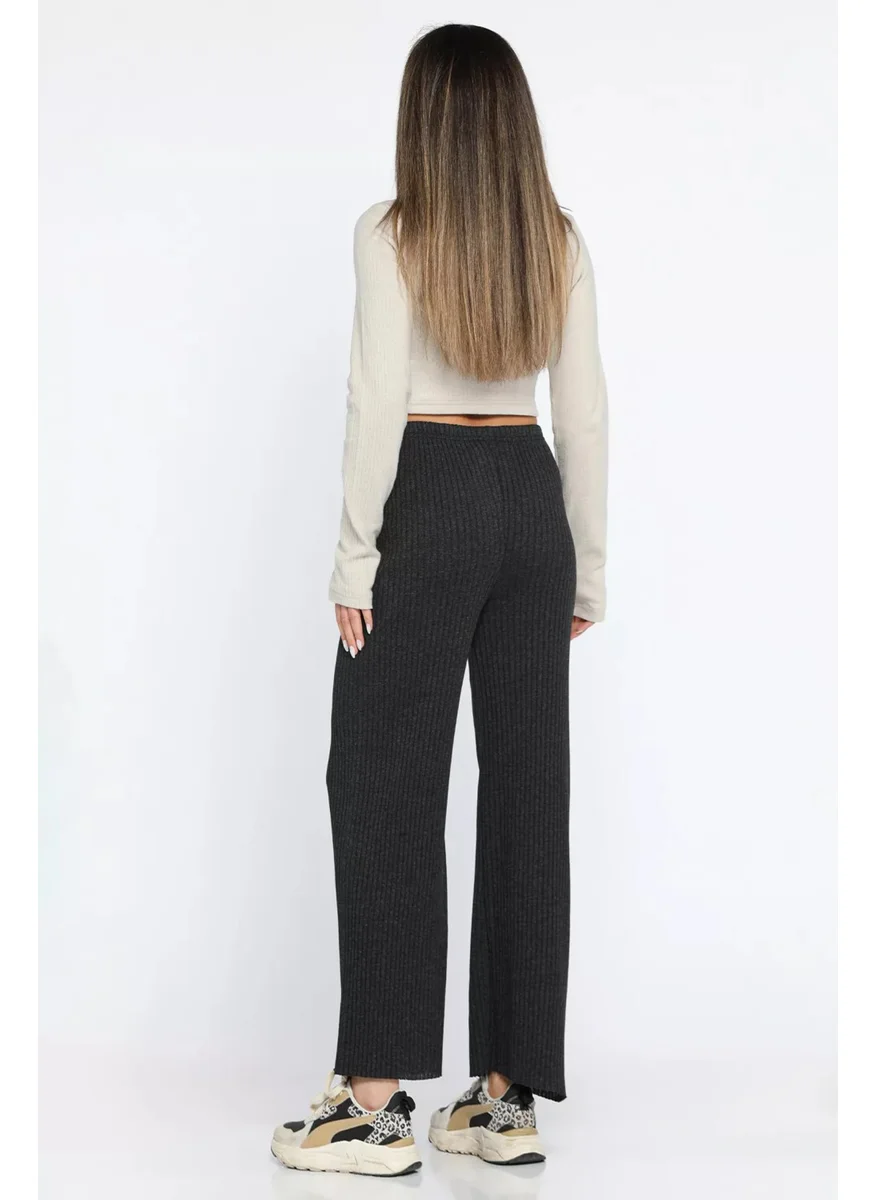 Gülseli Rose-colored Ribbed Wide Leg Trousers