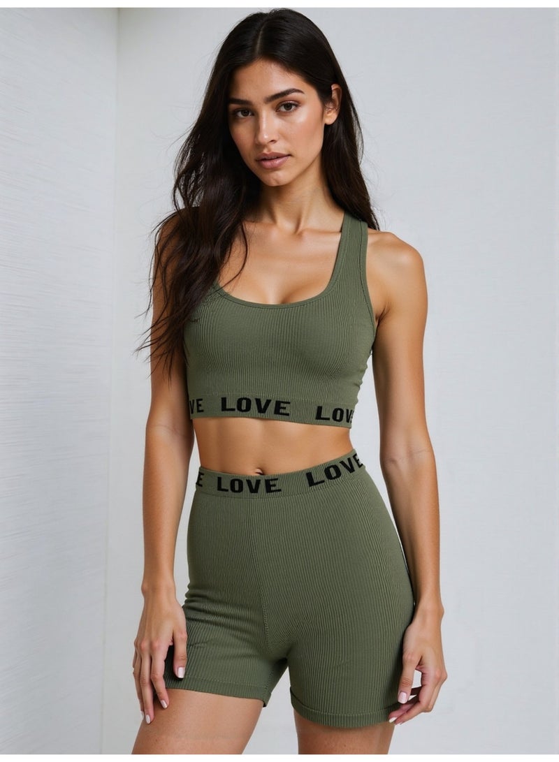 MHD Yoga Women's Green Seamless Sports Bra And Shorts Set, Wire-Free, Lingerie Two Pieces Set Women 2 Pieces Set  - Image 1