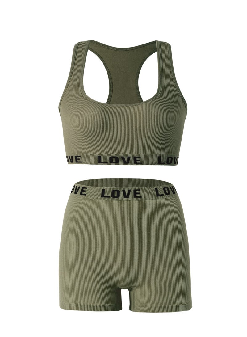 MHD Yoga Women's Green Seamless Sports Bra And Shorts Set, Wire-Free, Lingerie Two Pieces Set Women 2 Pieces Set  - Image 2