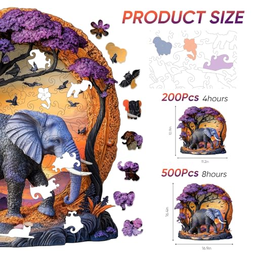 Qiuenisray Wooden Puzzles 200 Pieces 3D Vision Effect Elephant Forest Puzzle for Adults and Kid Beautiful Puzzle Wall Decor FSC Certified Unique Animal Shape Gift for Family Game 112x109 in - Image 5