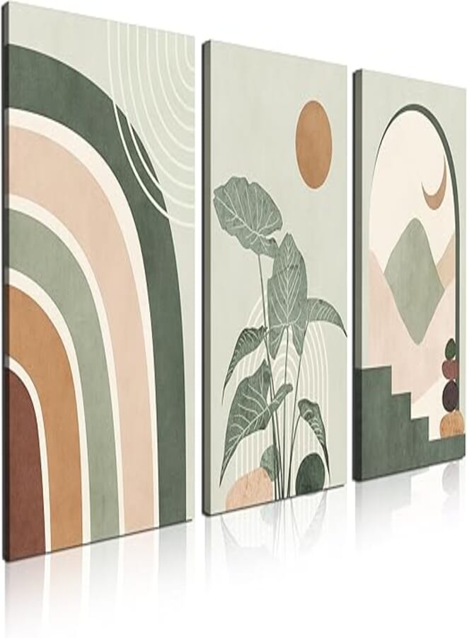 Gisipameis Sage Green Framed Boho Wall Art, Mid Century Modern Decor, Neutral Abstract Geometric Canvas Prints Botanical Boho Bathroom Wall Decor for Bedroom Living Room 12''x16'', Ready To Hang 