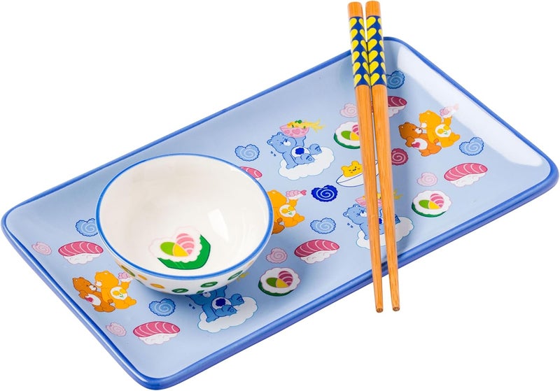 Silver Buffalo Care Bears Featuring Grumpy Tenderheart and Friend Bear Ramen Blue Ceramic Sushi Set with Dipping Sauce Dish and Matching Chopsticks - Image 1